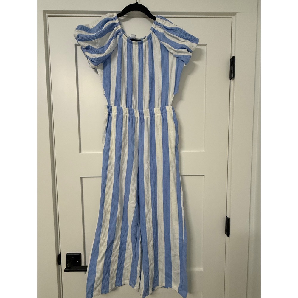 Old Navy juniors XL 14-16 Blue White Striped Cut-Out Puff Sleeve Jumpsuit